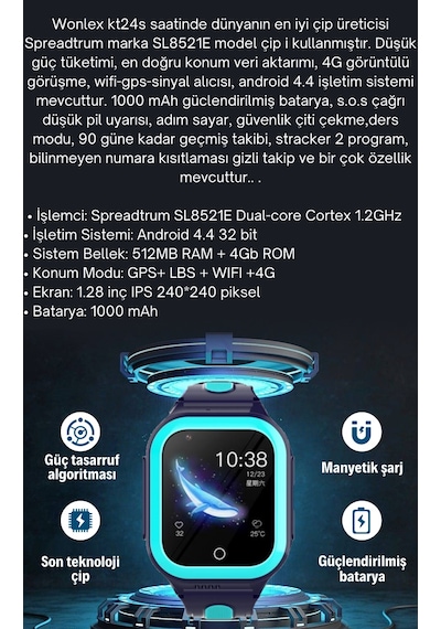 Wonlex KT24S 4G Android Sim Kartlı Çocuk Takip Saati (İthalatçı Garantili)
