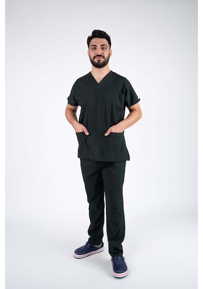 Siyah Likralı Erkek Hemşire Ve Doktor Forması Takımı Scrubs Hastane Üniforması
