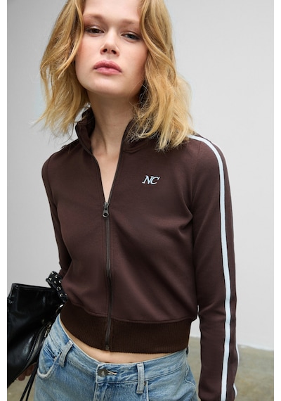 Grımelange Repeta Kadın Dik Yakalı Nakış Detaylı Fermuarlı Slim Fit Kahverengi Ceket Kahverengi