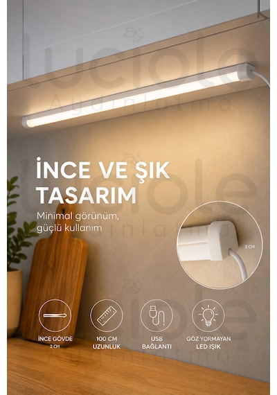 Mutfak Dolap Altı Günışığı Led Çubuk 100 Cm Usb 5v Anahtarlı Yapışkanlı Tezgah Raf Işığı
