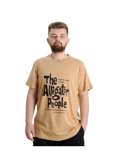 Mode Xl Büyük Beden Erkek V Yaka T-Shirt Allıgator Bej 001