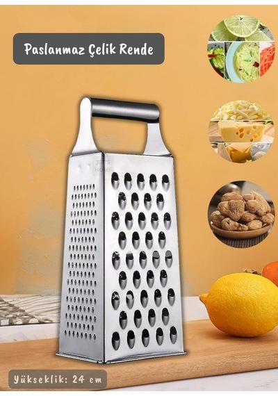 Paslanmaz Çelik Rende 4 Taraflı Sebze Rendesi Çelik Rende İnox 24 Cm Gri
