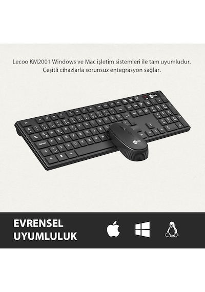 Lecoo Km2001 Klavye & Mouse Kablosuz Set Siyah Optik