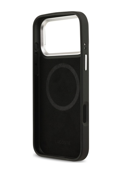 Apple Uyumlu iPhone 17 Pro Max Kılıf Lacoste Lisanslı M-safe Şarjlı Pu Pike Desenli Standlı Metal Logolu Siyah