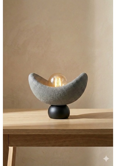 Luna Tasarım Masa Lambası Gri Siyah Detaylı Abajur Loş Amber Işık, Rustik Ampul Hediyeli 20 X 37 Cm