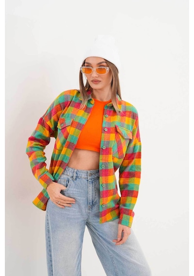 Polologin Butik Kadın Oduncu Rengarenk Cepli Spor Kesim Gömlek Çok Renkli
