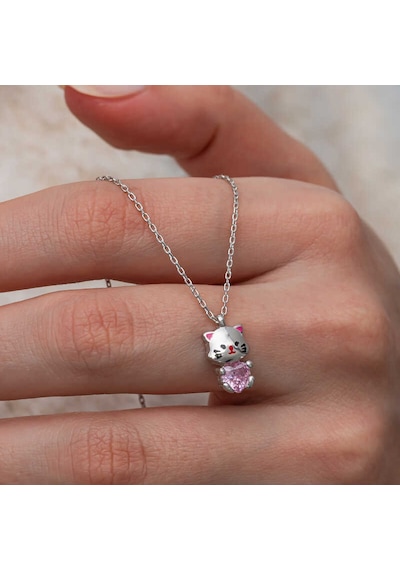 Gümüş Pembe Taşlı Sevimli Kedi Kadın Kolye Çok Renkli