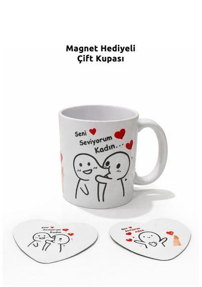 Çift Kupası Seni Seviyorum Kadın Yazılı Sevgiliye Eşe Özel Hediye Kalpli Kupa Bardak Özel Tasarımlı Beyaz