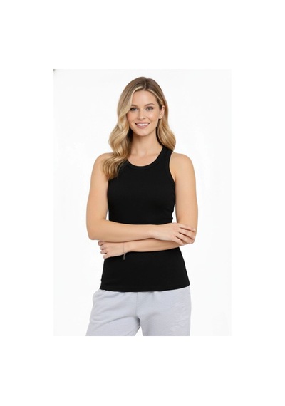 Mbb E-ticaret Kadın Fitilli Atlet Sıfır Yaka Slim Fit Arka Baskılı Spor Atlet - Siyah