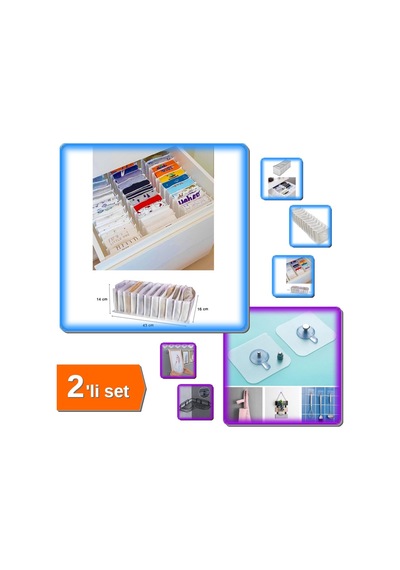 11 Gözlü Akordiyon Çekmece Düzenleyici + 3 Adet Yapışkanlı Mutfak Banyo Askı - 2li Set X4g4l2 Belirtilmemiş