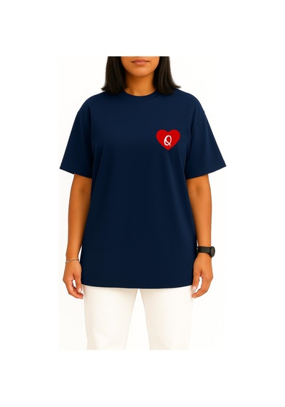 Bahriyeli Collection Oversize Sevgililer Günü Özel Kalp İçinde Q Harfi Cep Baskılı Unisex T-shirt Lacivert