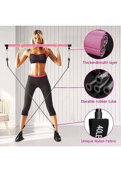 Valkyrie 4 Lastikli 1. Kalite Pilates Bar Egzersiz Çubuğu Ayarlanabilir Zorluk Evde Spor Squat Kademeli Çantalı Kolay Kurulum Pembe