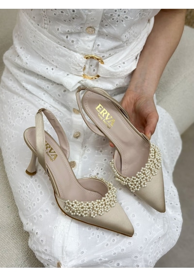 Ervanın Butiği Bej Saten Cecily İnci Detay Kadın Stiletto-6233