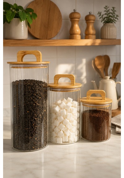 Aria - 3'lü Borosilikat Bambu Kapaklı 1300- 900 -600 Ml Kavanoz Takımı Çizgili Şeffaf