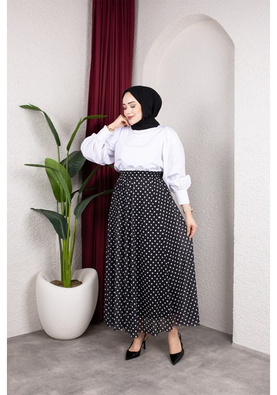 Hira Life Fashion Kadın Astarlı Puantiye Desenli Tül Etek Siyah Siyah