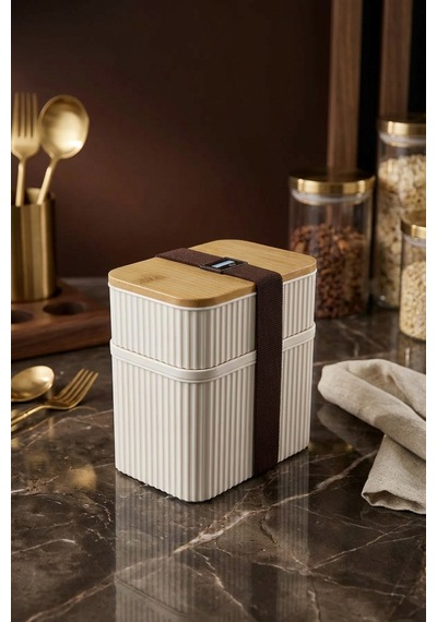 Makri Home 2 Parça Bambu Kapaklı Saklama Kabı Seti - 1l + 0,5l Üst Üste Koyulabilir Krem