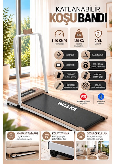 Walke W-fit Brown Bluetoothlu Uygulamalı Uzaktan Kumandalı Koşu Bandı Yürüyüş Bandı Kahverengi