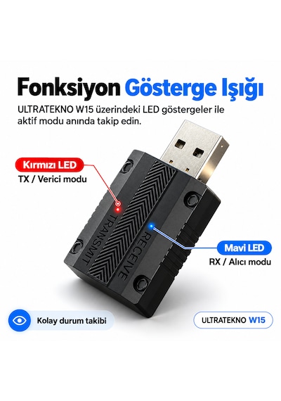 W15 Bluetooth 5.3 2'si 1 Arada Ses Alıcı Verici Rx Tx 3.5mm Aux Usb Adaptör Araç Tv Pc Hoparlör Kulaklık