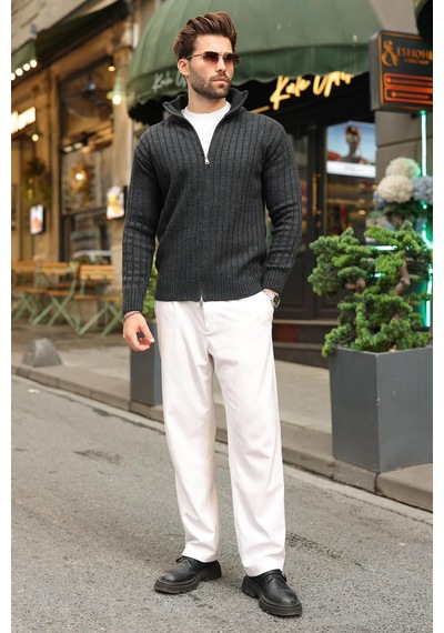 Madmext Antrasit Çift Fermuarlı Slim Fit Çizgili Erkek Triko Hırka E7522