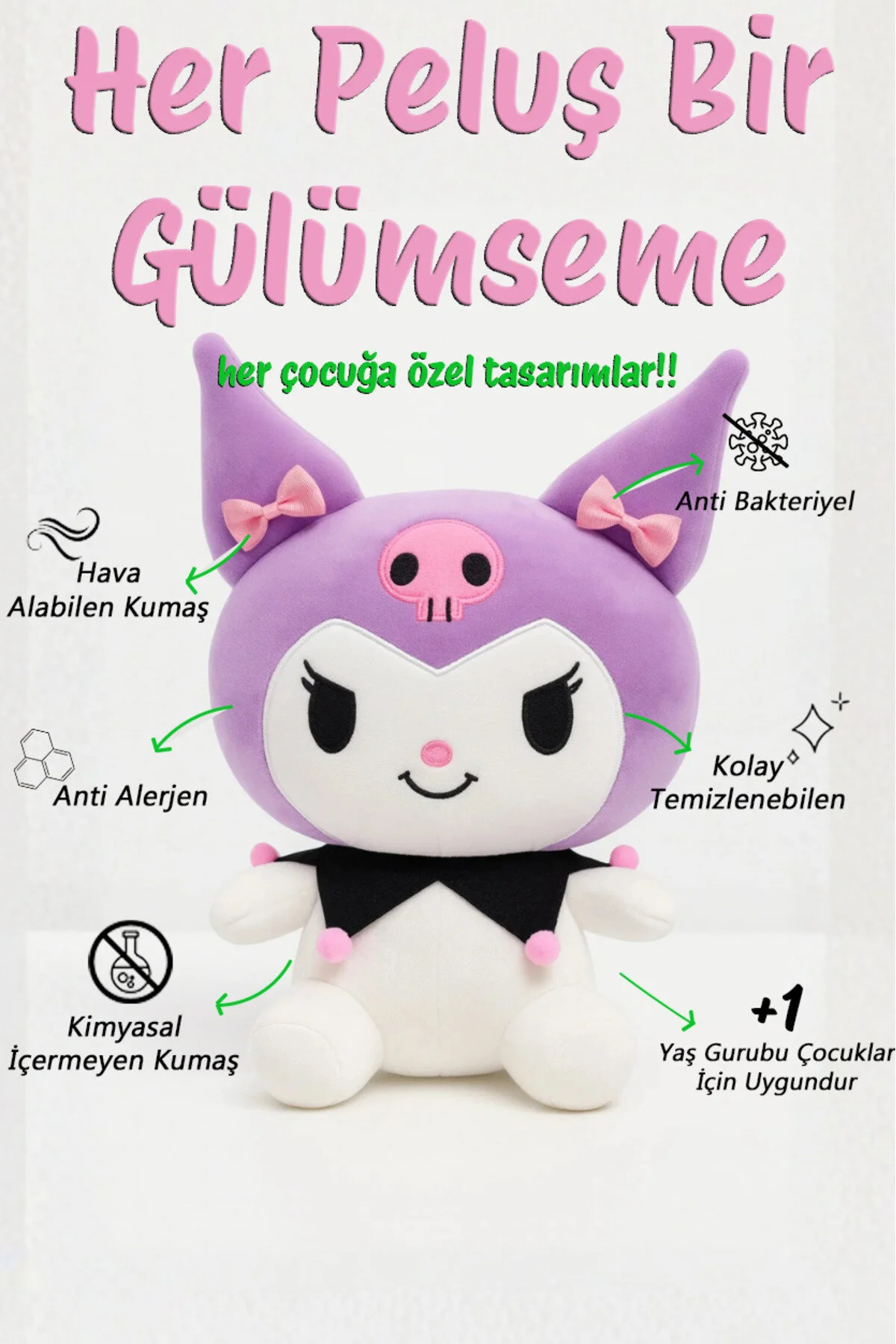 Kuromi Peluş Oyuncak 40cm+ Deri Çanta Hediyelik Set Mor