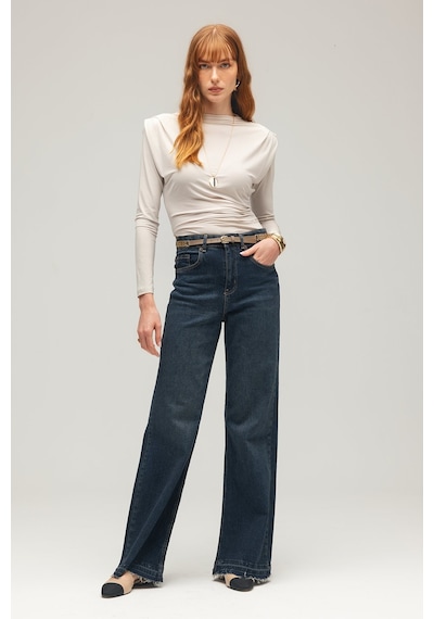 Sââde Kadın Yüksek Bel Wide Leg Jean Pantolon - Paça Detaylı Lacivert