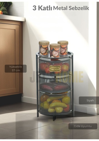 3 Katlı Sebzelik Açılır Metal Patates Soğan Sepeti Paslanmaz Meyvelik Organizer Sepet Siyah Siyah