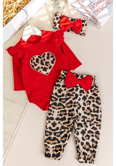 Babymod Leopar Desenli 3'lü Pamuklu Kız Bebek Takım Set Kırmızı