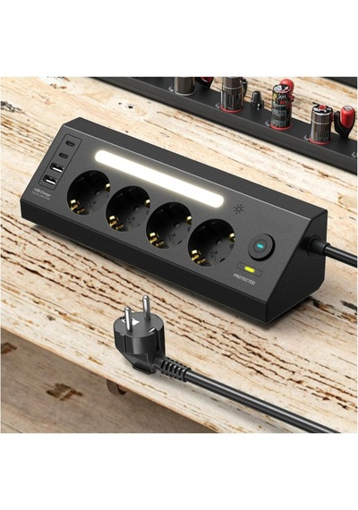 Akım Korumalı Çoklu Priz, 2 Adet Usb 2 Adet Type-c Girişi, 4 Adet Priz Girişi, Hızlı Telefon Şarjı, 2 Metre Kablo Uzunluğu, Masa Üstü Ve Gece Lambası Kullanımlı, Led Işıklı Çoklu Priz Şarj İstasyonu Siyah
