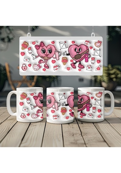 Aşık Pembe Kalpler Kupa Bardak - Kalpli Sevimli Sevgili Couple Tasarım Kabartmasız Beyaz