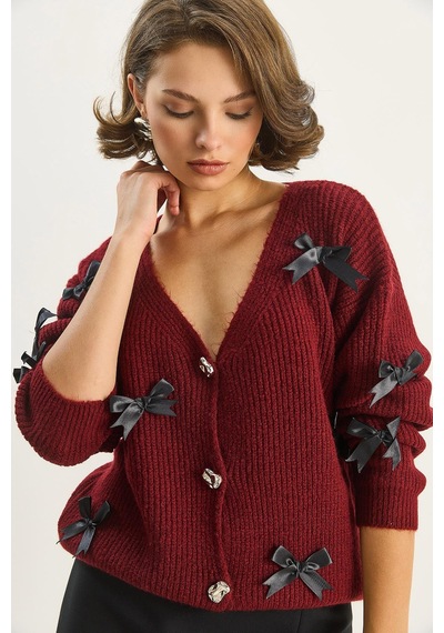Shade Kadın Fiyonk Aksesuarlı V Yaka Oversize Düğmeli Hırka 60283642 - Bordo