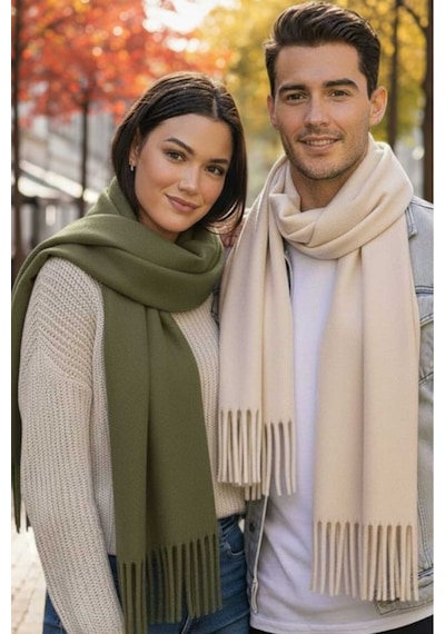 Tezzgelsin Unisex Yumuşak Dokulu Püsküllü Kışlık Buklet Atkı Şal 2'li Set Yeşil - Ekru