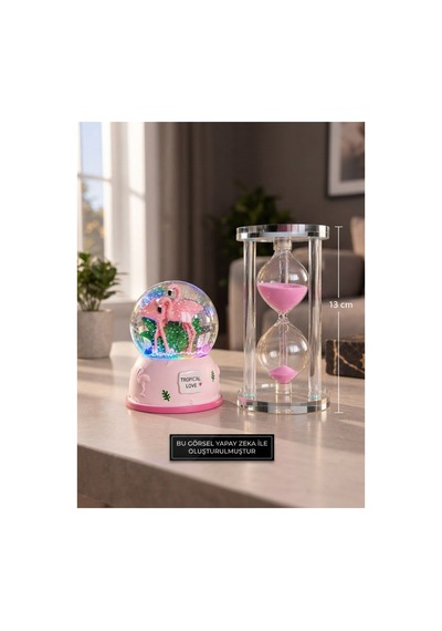 Sevgiliye Hediye Işıklı Flamingo Kar Küresi Ve 5 Dakikalık 13cm Pembe Kum Saati Seti Masa Üstü Biblo