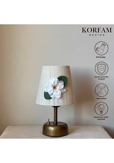 Verona - Krem Keten Kumaş Beyaz Gül Motifli Pilli Masa & Gece Lambası Çok Renkli 07884372