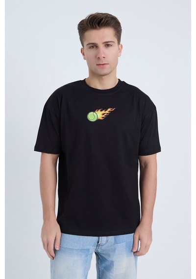 Erkek Oversize Baskılı T-shirt Siyah Hot Tennis Siyah