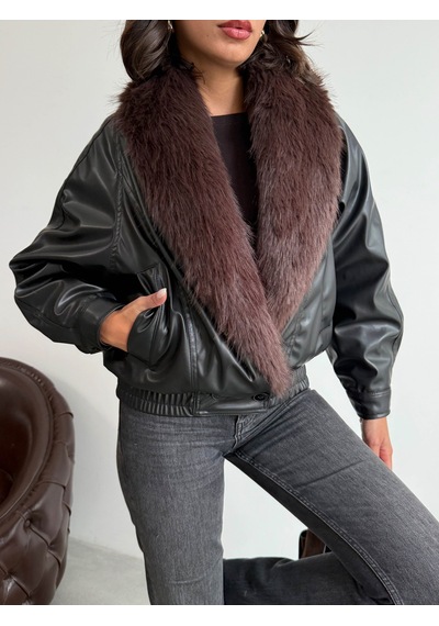 Verymoda Yakası Kürklü Kruvaze Deri Mont F2050 Siyah