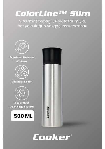 Cooker Colorline Slim 500 Ml Paslanmaz Çelik Termos Ckr2057 Siyah