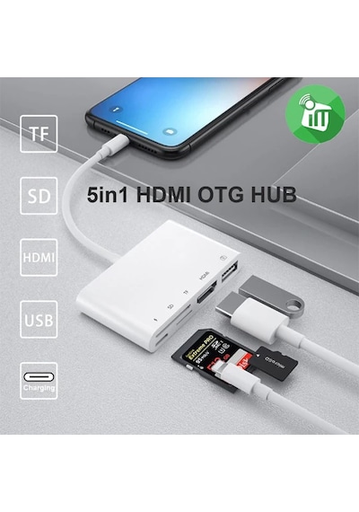 Ally 5in1 Lightning Hdmı Dijital Av Adaptör+ Otg Usb Hub Kamera Tf Sd Okuyucu- 5775 Beyaz