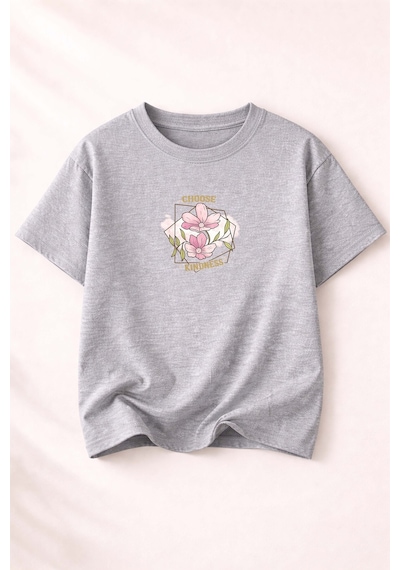 Herkesemoda Choose Kındness Baskı Detaylı Kadın Bisiklet Yaka Pamuklu T-shirt Gri