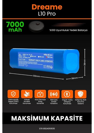 Robo Mi Robot Süpürge Bataryası Dreame L10 Pro Uyumlu 7000mah Maksimum Kapasite Tek Renk