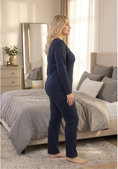 Eyfuze Kadın Büyük Beden Desenli Yakası Düğmeli Uzun Kollu Bambu Pijama Takımı Mavi