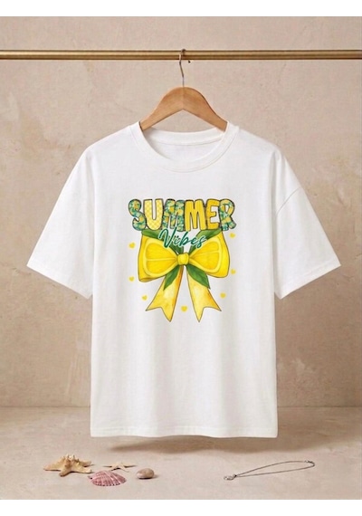 Sarı Limon Ve Fiyonk Baskılı Oversize Kompak T-shirt Beyaz