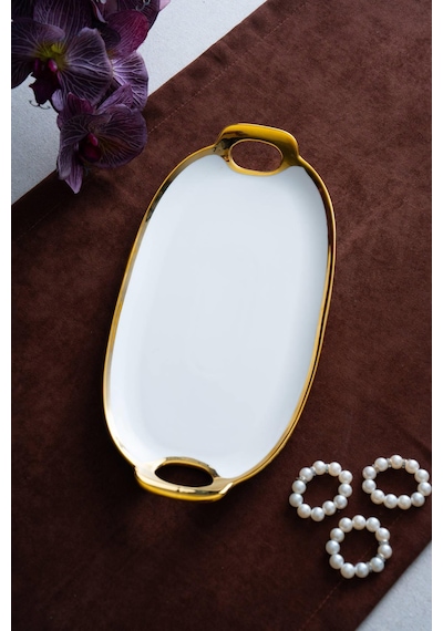 Acar Arven Oval Gold Sunum Tepsisi - 33 Cm Beyaz