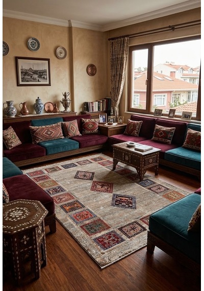 Yıkanabilir Etnik Desenli Dijital Baskı Kaymaz Kilim Kahverengi