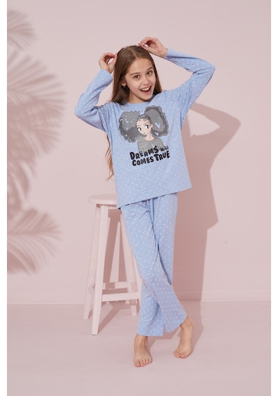 Siyah İnci Pamuklu Örme Pijama Takım 24241084 mavi