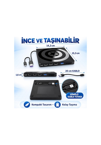 Valkyrie Harici Cd Dvd Okuyucu Yazıcı Usb 3.0 Type-c Hub Sd Tf Kart Okuyucu 4 Usb Portlu İnce Taşınabilir