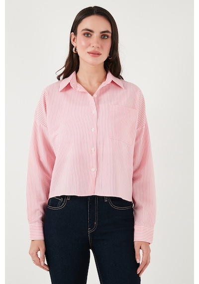 Lela Regular Fit Çizgili Göğüs Cepli Dokulu Bayan Gömlek 6772870 Şeker Pembe
