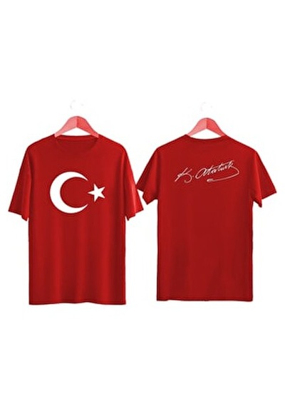 Blausee Wear Unisex Türk Bayrağı Baskılı Atatürk Imzalı Tişört Ayyıldızlı Oversize T-shirt Kırmızı