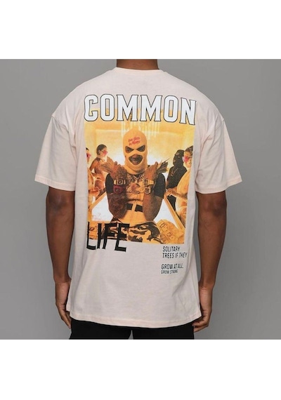 Flood Of Style Erkek Bej Common Baskılı Oversize Bisiklet Yaka Tshirt