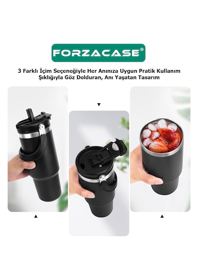 Forzacase 900 Ml Paslanmaz Çelik Pipetli Ve Kilit Kapaklı Kulplu Termos 6 Saat Sıcak/soğuk - Fc1180 Pembe