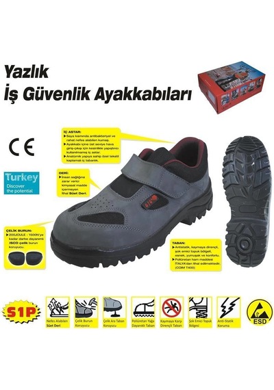 Mey İthalat 414 Yazlık S1 44 No Çelik Burunlu Ayakkabı Gri